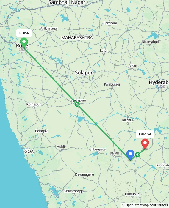Route map showing distance and travel time from Pune, India to Dhone, India