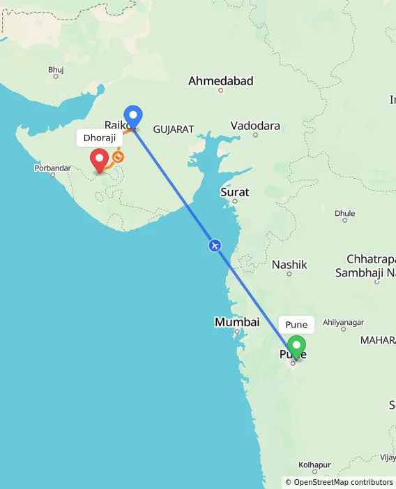 Route map showing distance and travel time from Pune, India to Dhoraji, India