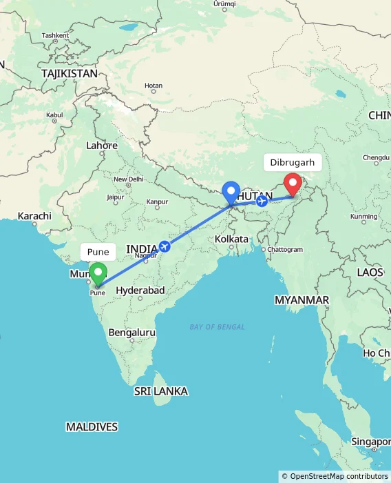 Route map showing distance and travel time from Pune, India to Dibrugarh, India