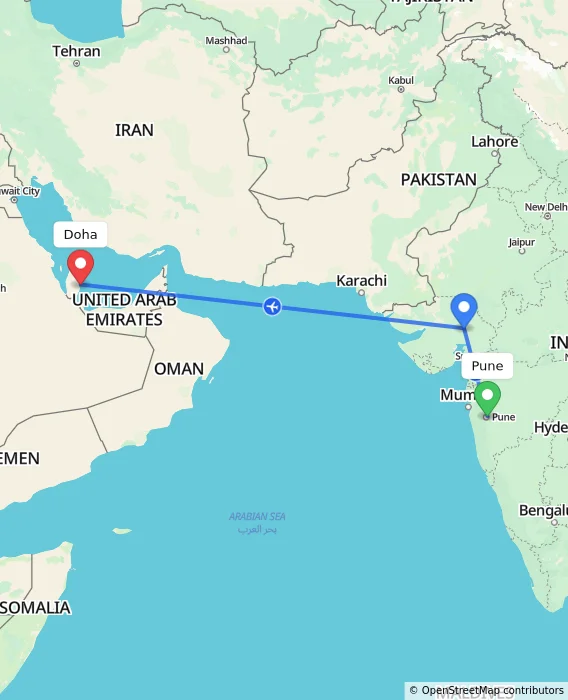 Route map showing distance and travel time from Pune, India to Doha, Qatar