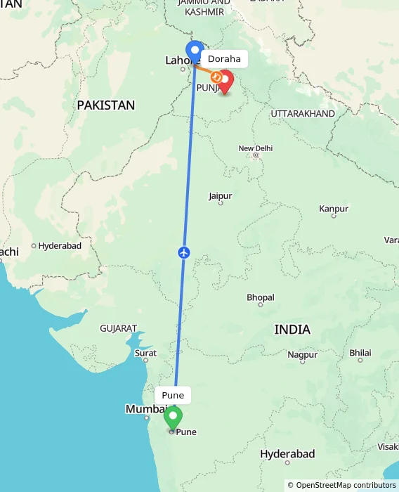 Route map showing distance and travel time from Pune, India to Doraha, India