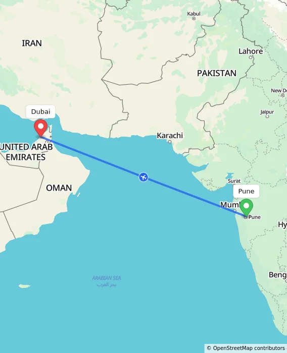 Route map showing distance and travel time from Pune, India to Dubai, United Arab Emirates