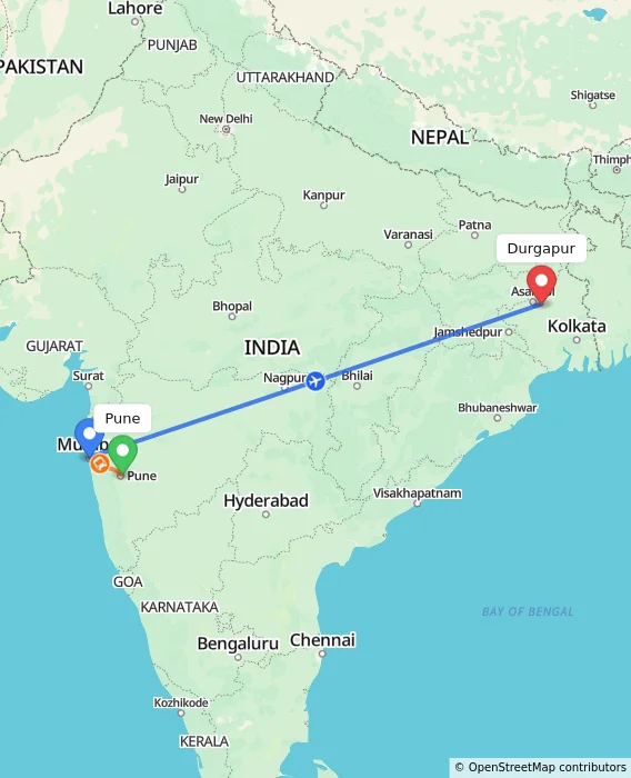 Route map showing distance and travel time from Pune, India to Durgapur, India