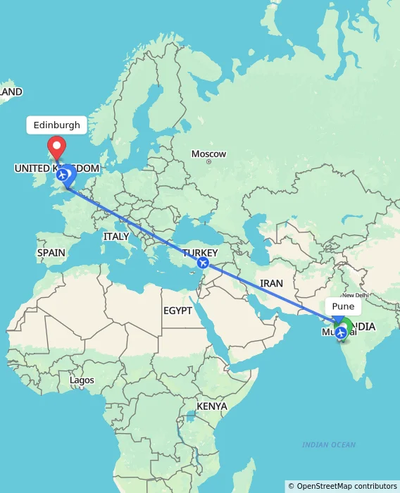 Route map showing distance and travel time from Pune, India to Edinburgh, United Kingdom
