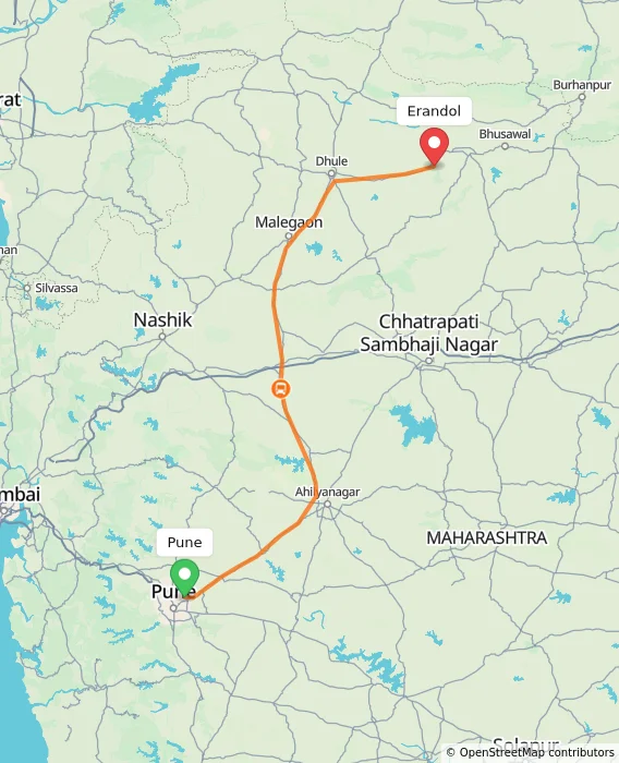 Route map showing distance and travel time from Pune, India to Erandol, India
