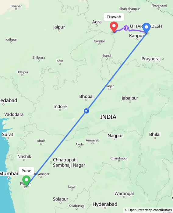 Route map showing distance and travel time from Pune, India to Etawah, India