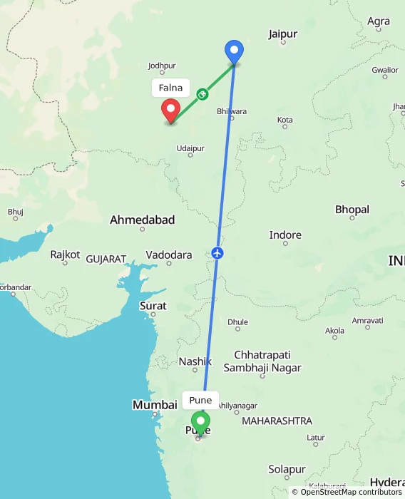 Route map showing distance and travel time from Pune, India to Falna, India