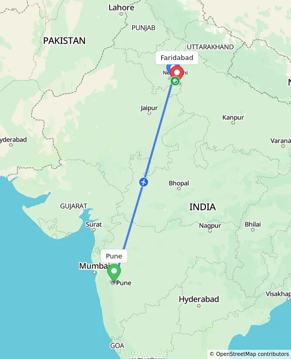 Route map showing distance and travel time from Pune, India to Faridabad, India