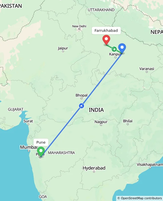Route map showing distance and travel time from Pune, India to Farrukhabad, India