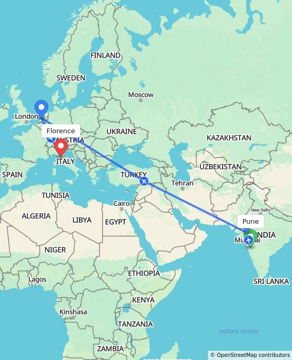 Route map showing distance and travel time from Pune, India to Florence, Italy