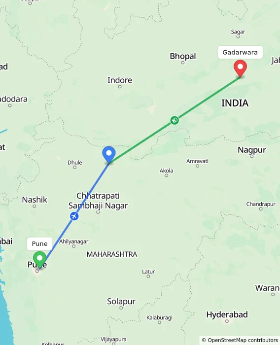 Route map showing distance and travel time from Pune, India to Gadarwara, India