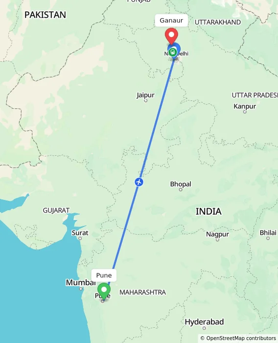 Route map showing distance and travel time from Pune, India to Ganaur, India