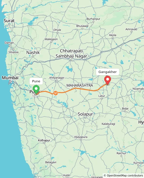 Route map showing distance and travel time from Pune, India to Gangakher, India