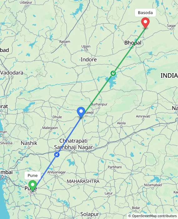 Route map showing distance and travel time from Pune, India to Basoda, India