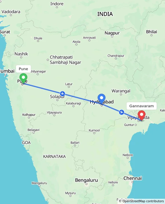 Route map showing distance and travel time from Pune, India to Gannavaram, India
