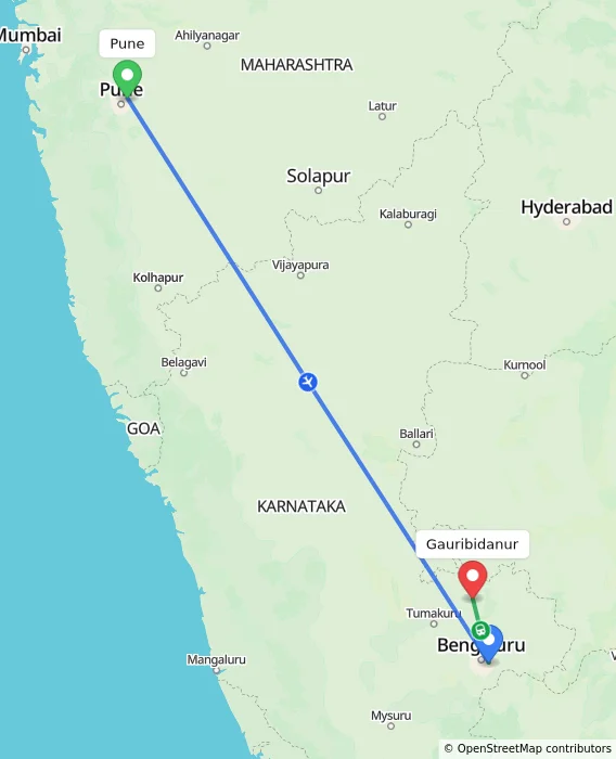 Route map showing distance and travel time from Pune, India to Gauribidanur, India