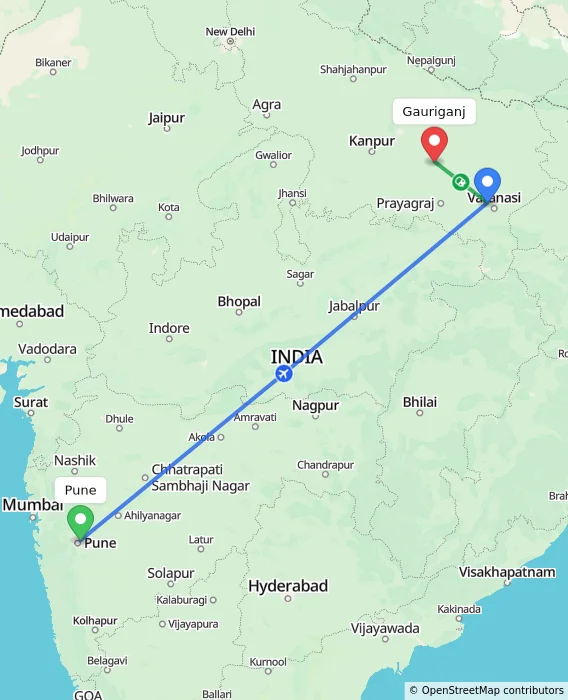 Route map showing distance and travel time from Pune, India to Gauriganj, India