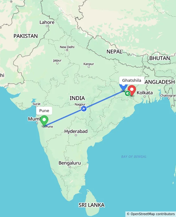 Route map showing distance and travel time from Pune, India to Ghatshila, India