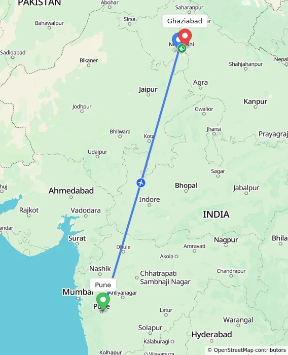 Route map showing distance and travel time from Pune, India to Ghaziabad, India
