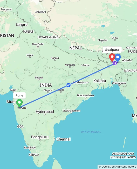 Route map showing distance and travel time from Pune, India to Goalpara, India