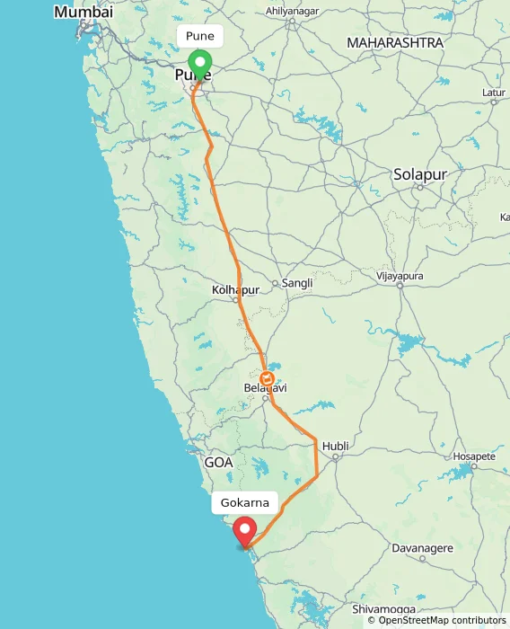 Route map showing distance and travel time from Pune, India to Gokarna, India