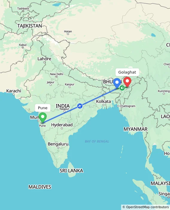 Route map showing distance and travel time from Pune, India to Golaghat, India