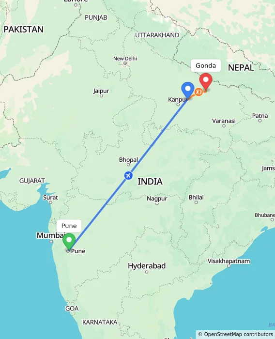 Route map showing distance and travel time from Pune, India to Gonda, India