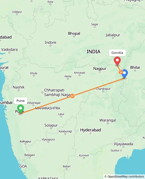 Route map showing distance and travel time from Pune, India to Gondia, India