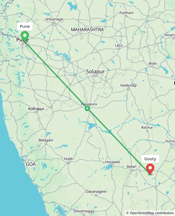 Route map showing distance and travel time from Pune, India to Gooty, India