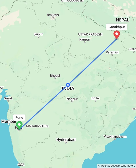 Route map showing distance and travel time from Pune, India to Gorakhpur, India