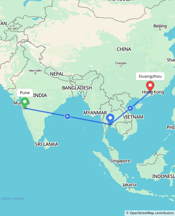 Route map showing distance and travel time from Pune, India to Guangzhou, China