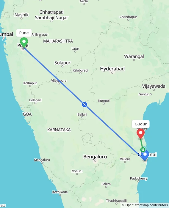 Route map showing distance and travel time from Pune, India to Gudur, India