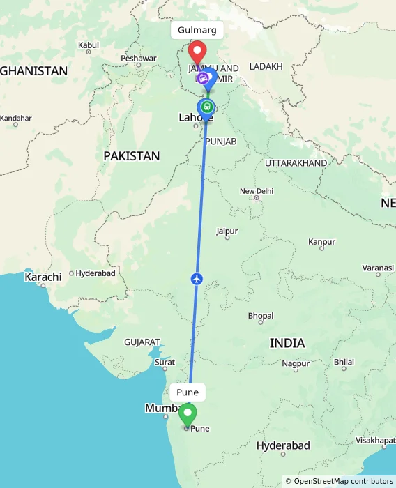 Route map showing distance and travel time from Pune, India to Gulmarg, India