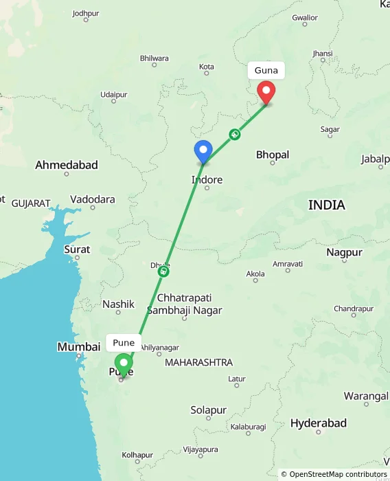 Route map showing distance and travel time from Pune, India to Guna, India