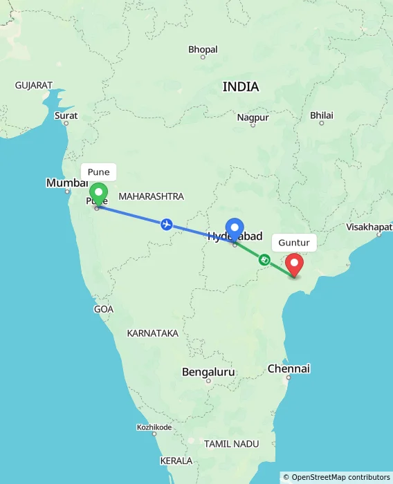 Route map showing distance and travel time from Pune, India to Guntur, India
