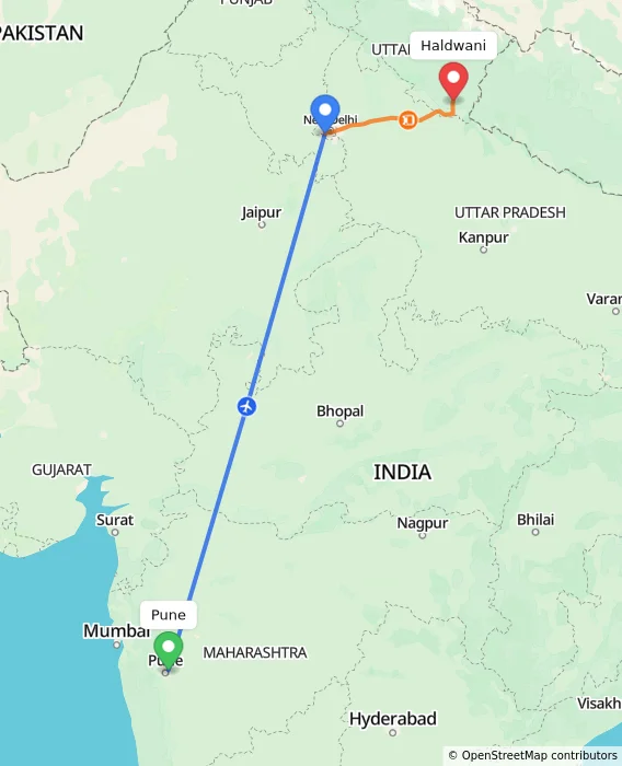Route map showing distance and travel time from Pune, India to Haldwani, India