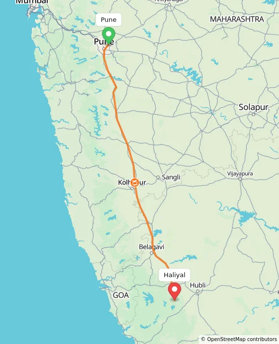 Route map showing distance and travel time from Pune, India to Haliyal, India