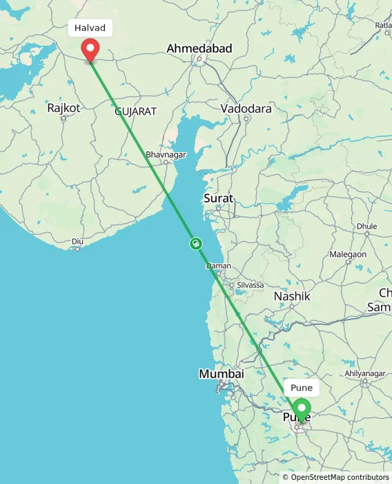 Route map showing distance and travel time from Pune, India to Halvad, India