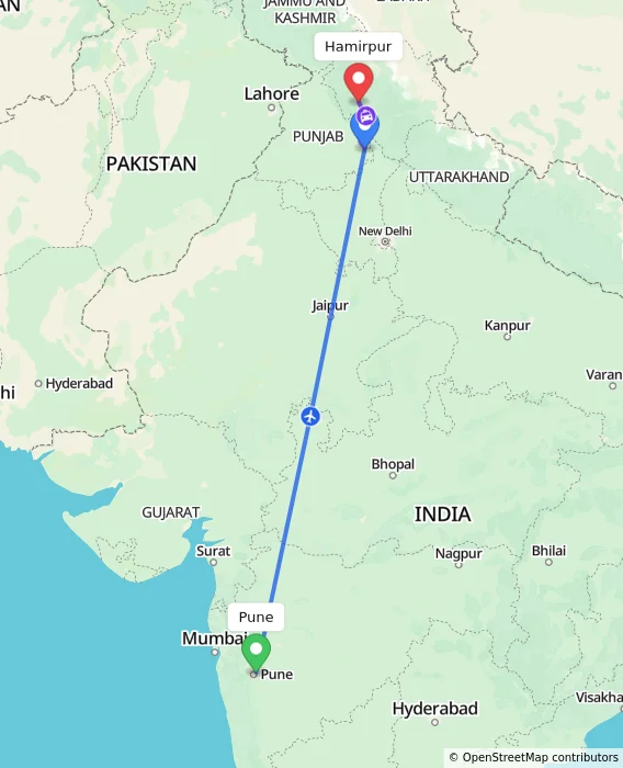 Route map showing distance and travel time from Pune, India to Hamirpur, India