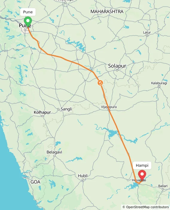 Route map showing distance and travel time from Pune, India to Hampi, India