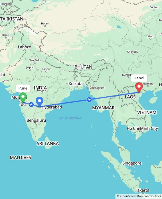 Route map showing distance and travel time from Pune, India to Hanoi, Vietnam