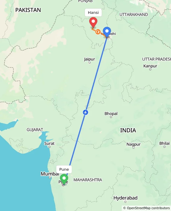 Route map showing distance and travel time from Pune, India to Hansi, India