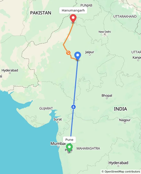Route map showing distance and travel time from Pune, India to Hanumangarh, India