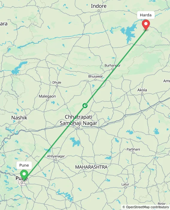 Route map showing distance and travel time from Pune, India to Harda, India