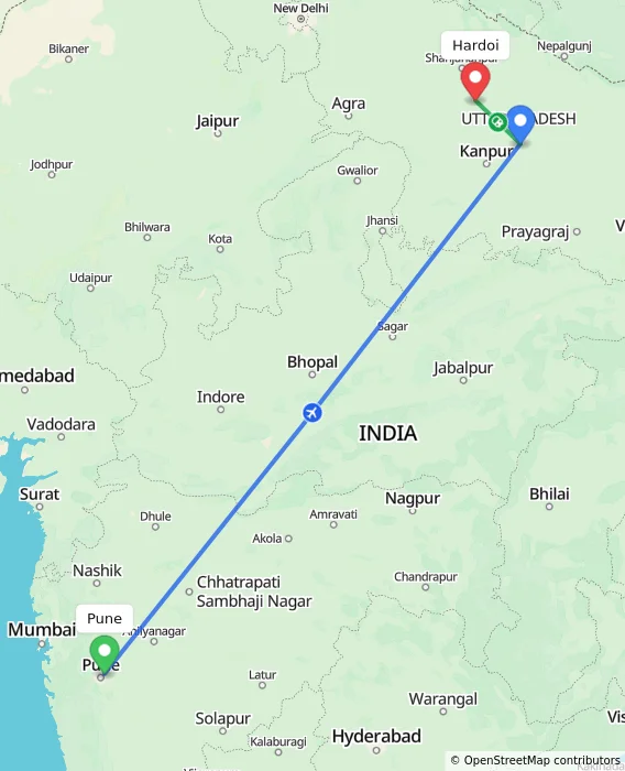 Route map showing distance and travel time from Pune, India to Hardoi, India