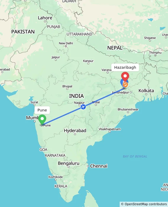 Route map showing distance and travel time from Pune, India to Hazaribagh, India