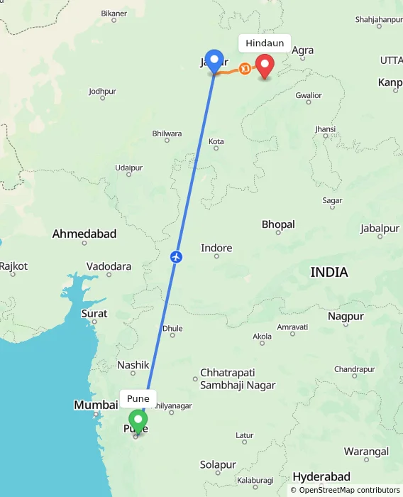 Route map showing distance and travel time from Pune, India to Hindaun, India