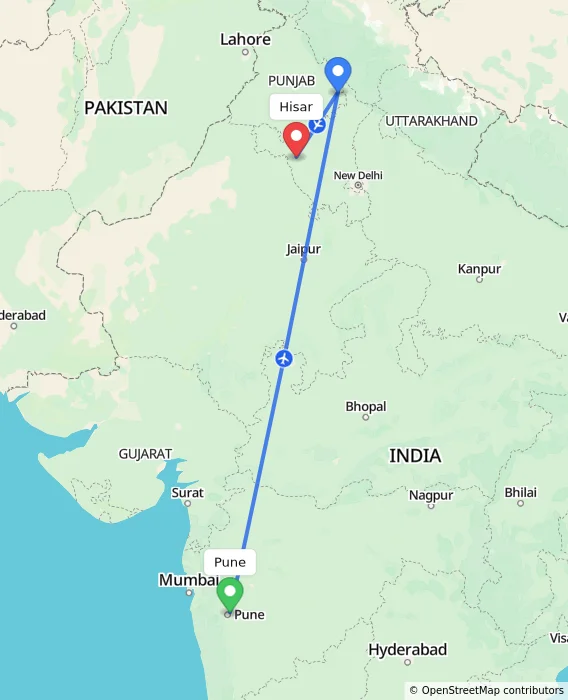 Route map showing distance and travel time from Pune, India to Hisar, India