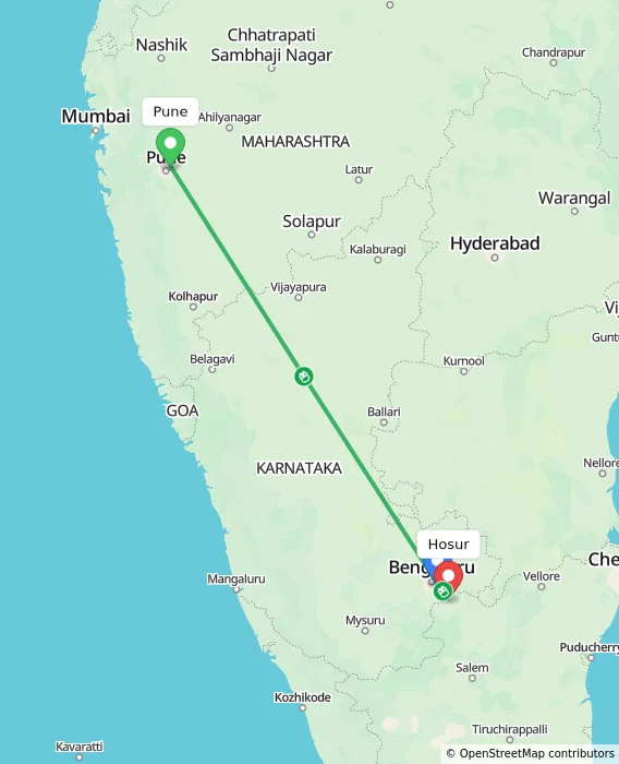 Route map showing distance and travel time from Pune, India to Hosur, India