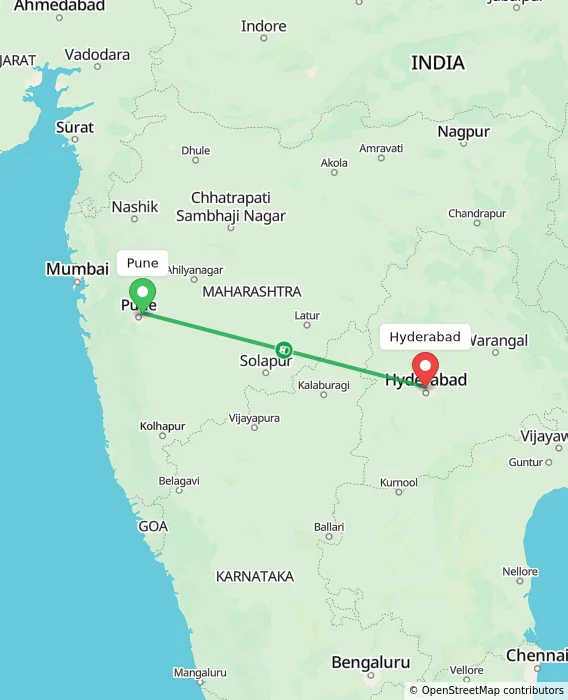Route map showing distance and travel time from Pune, India to Hyderabad, India